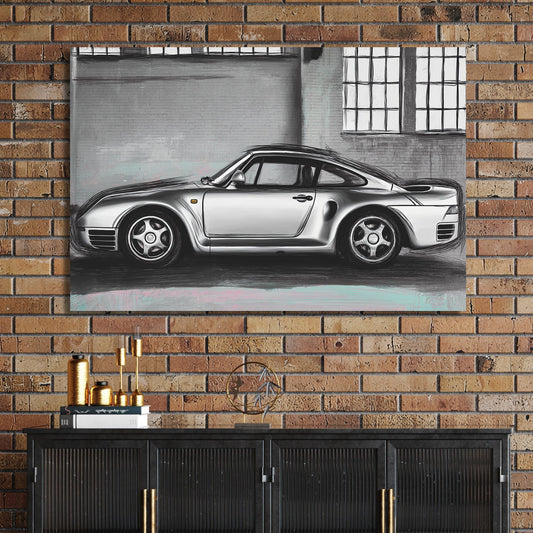 porsche 959 digital sketch side profile grey background