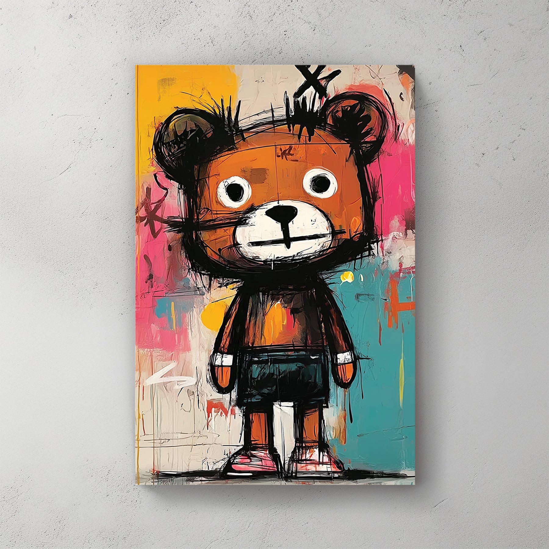 basquiat style cartoon bear graffiti painting on colourful wall
