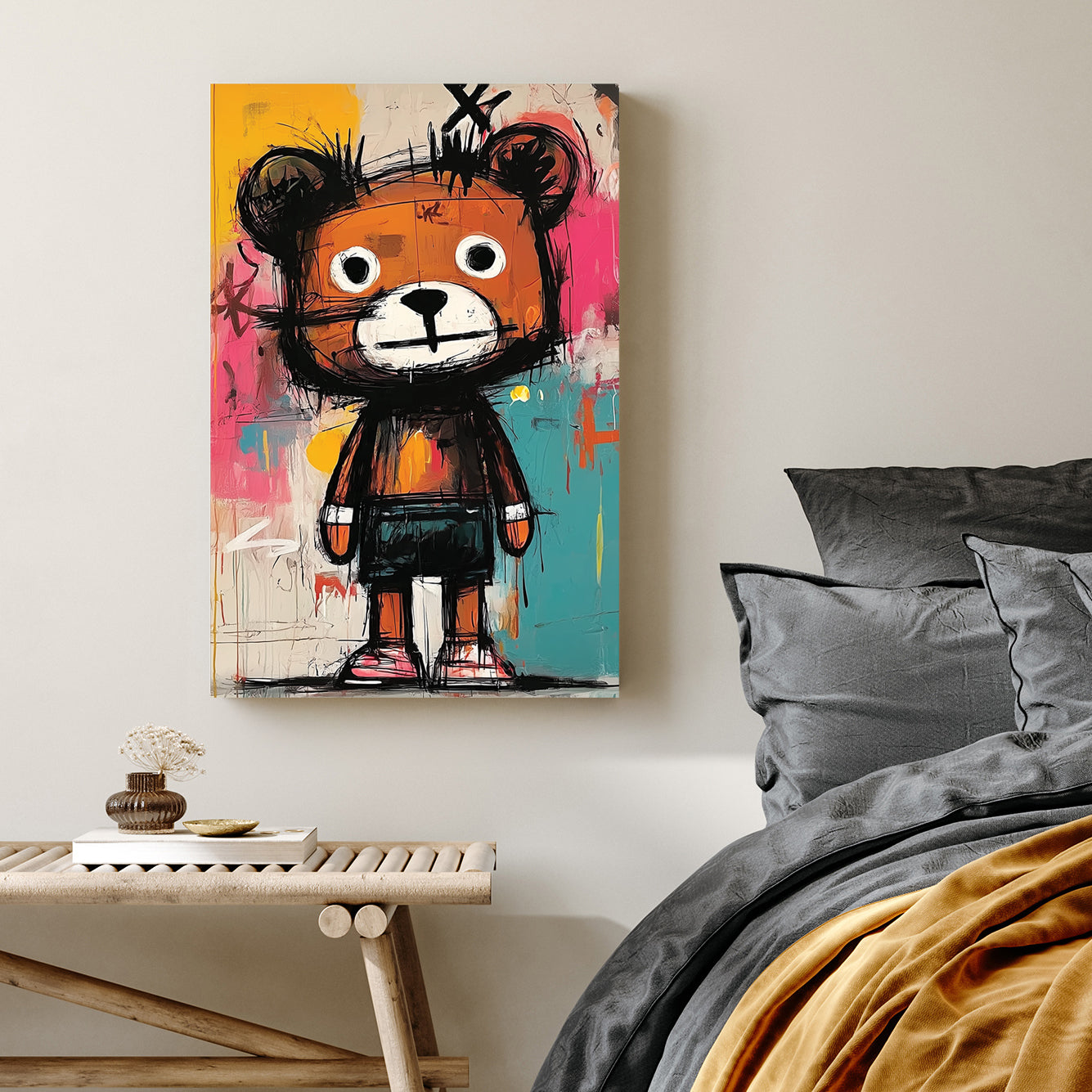 basquiat style cartoon bear graffiti painting on colourful wall