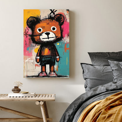 basquiat style cartoon bear graffiti painting on colourful wall