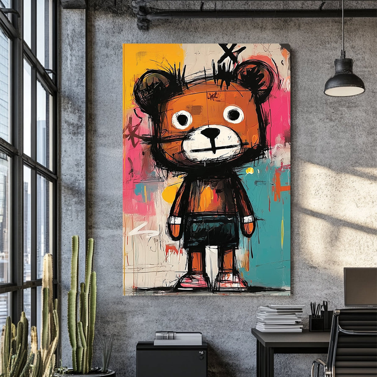 basquiat style cartoon bear graffiti painting on colourful wall
