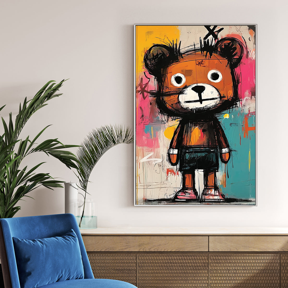 basquiat style cartoon bear graffiti painting on colourful wall