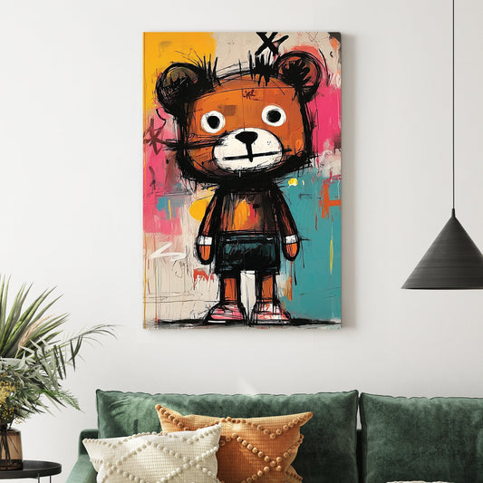 basquiat style cartoon bear graffiti painting on colourful wall