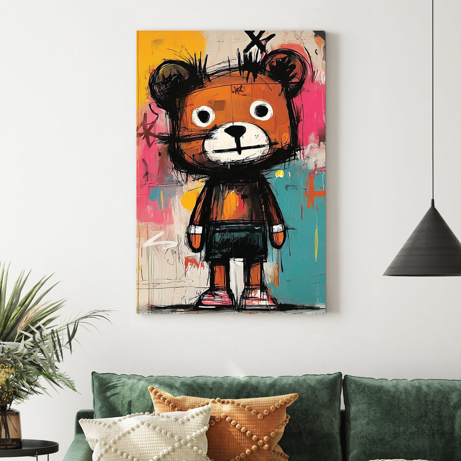 basquiat style cartoon bear graffiti painting on colourful wall