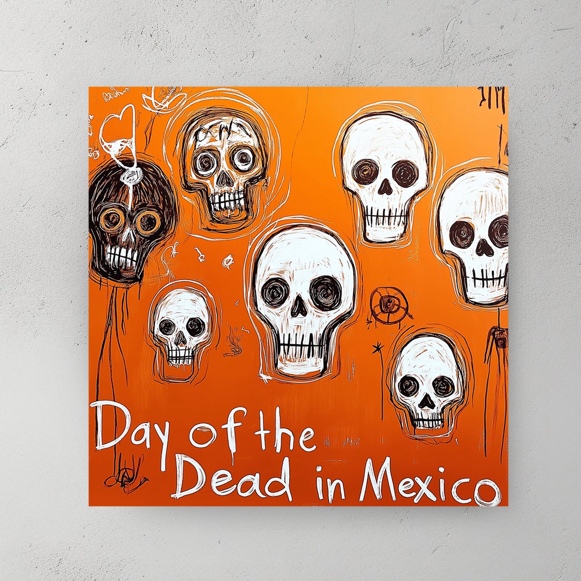 day of the dead skull graffiti art on orange background