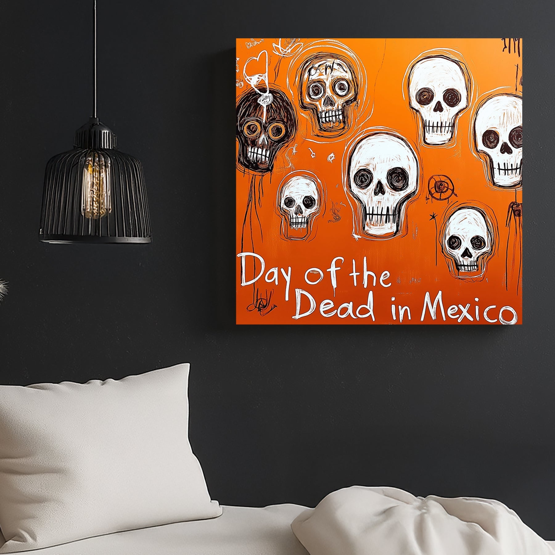 day of the dead skull graffiti art on orange background