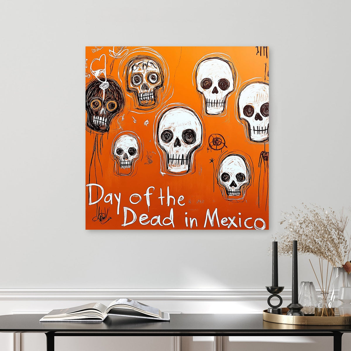 day of the dead skull graffiti art on orange background