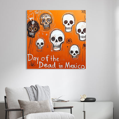 day of the dead skull graffiti art on orange background