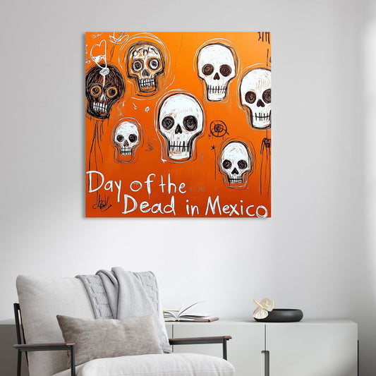day of the dead skull graffiti art on orange background