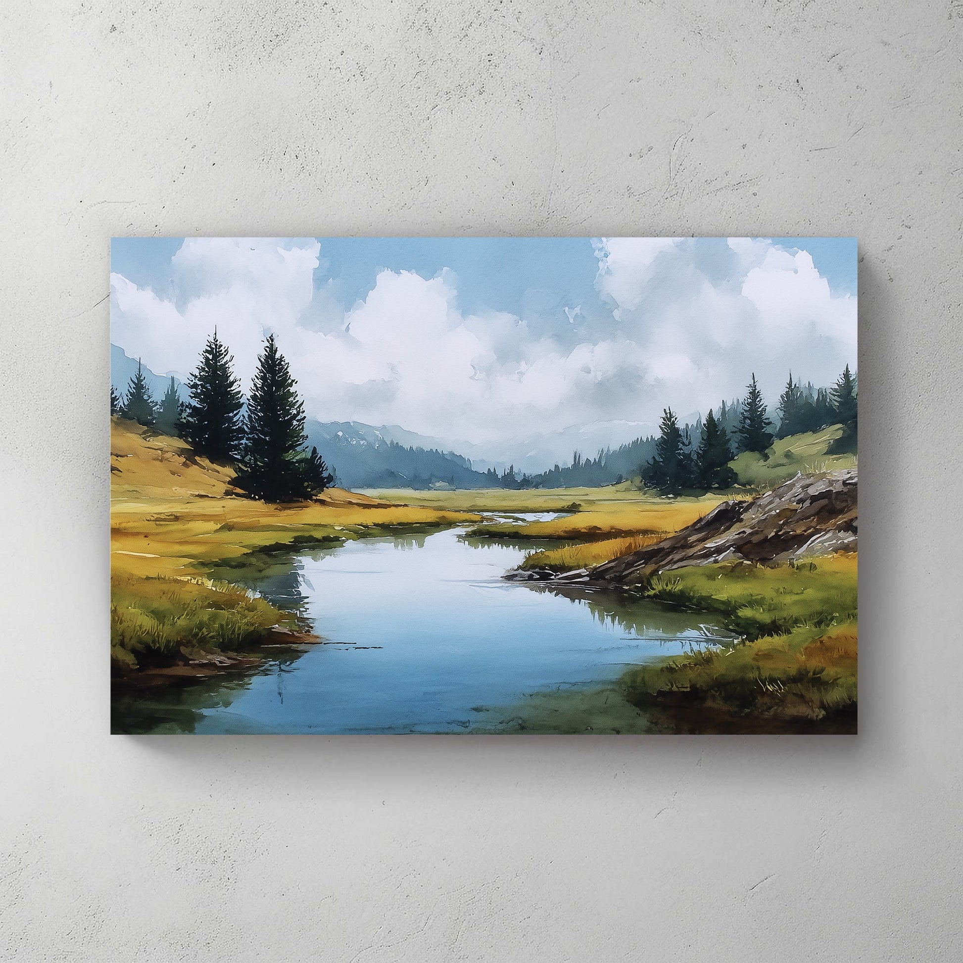 watercolour mountain landscape with river and pine trees