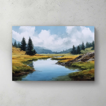 watercolour mountain landscape with river and pine trees