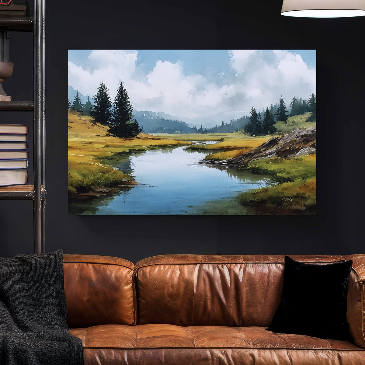 watercolour mountain landscape with river and pine trees