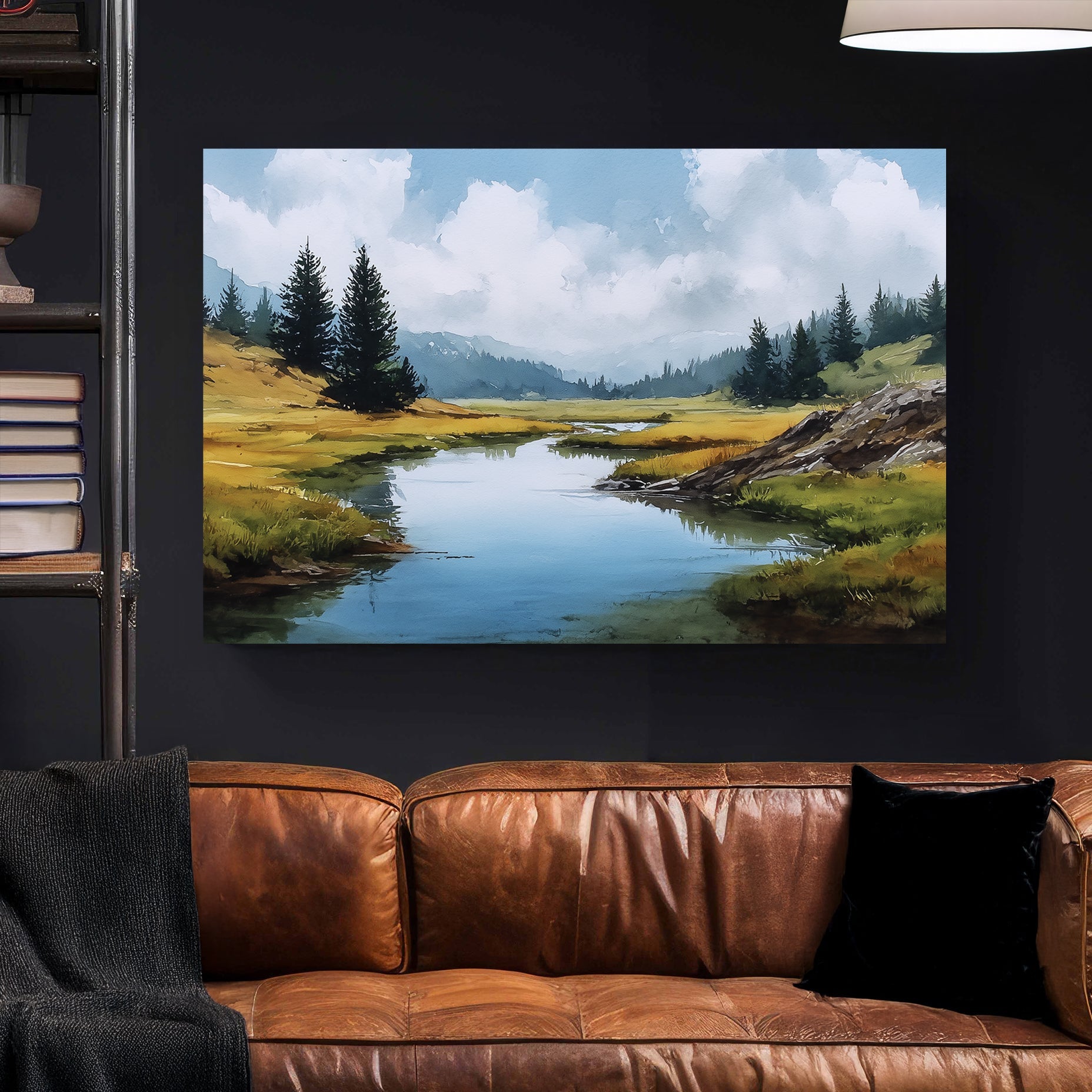 watercolour mountain landscape with river and pine trees