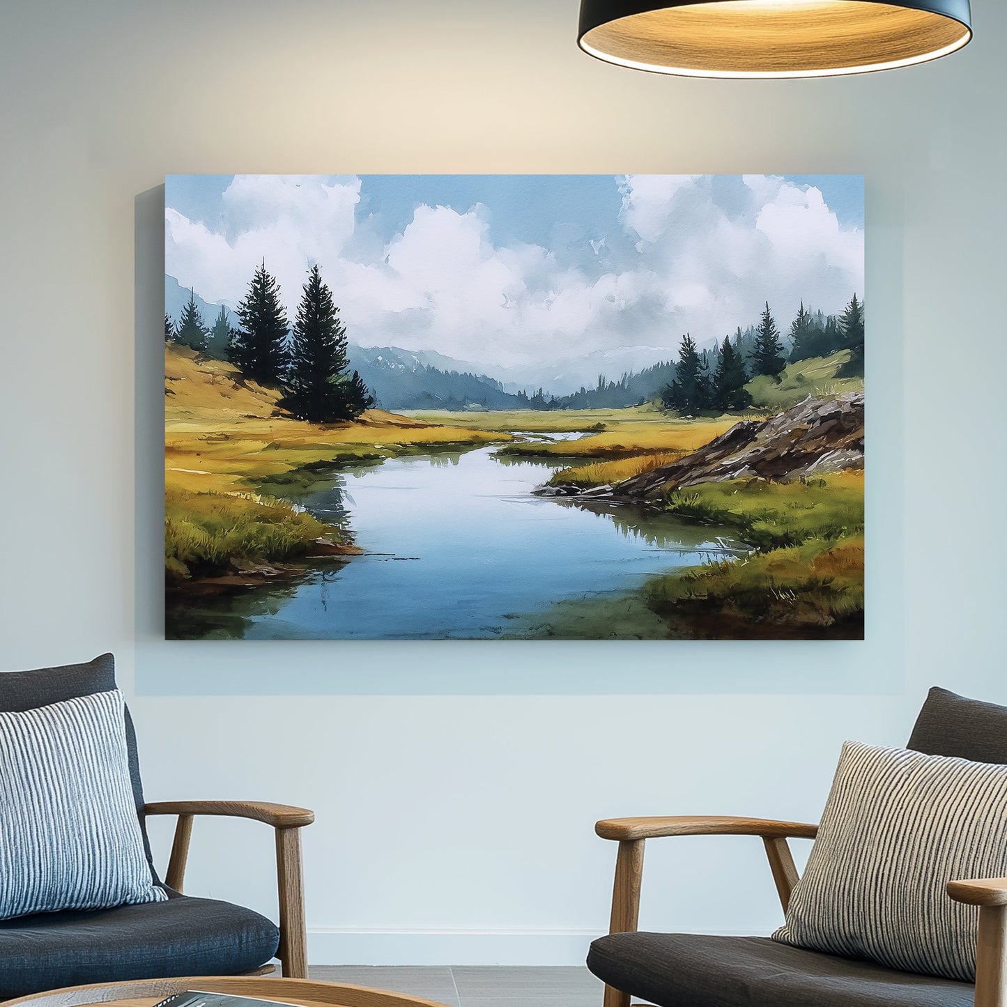 watercolour mountain landscape with river and pine trees