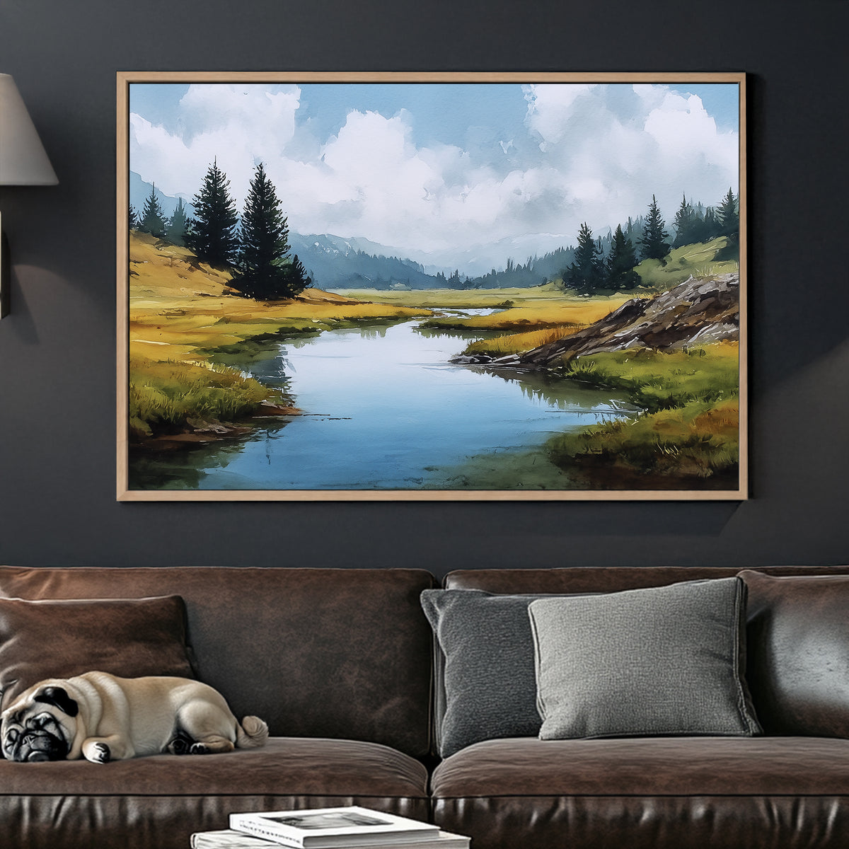 watercolour mountain landscape with river and pine trees