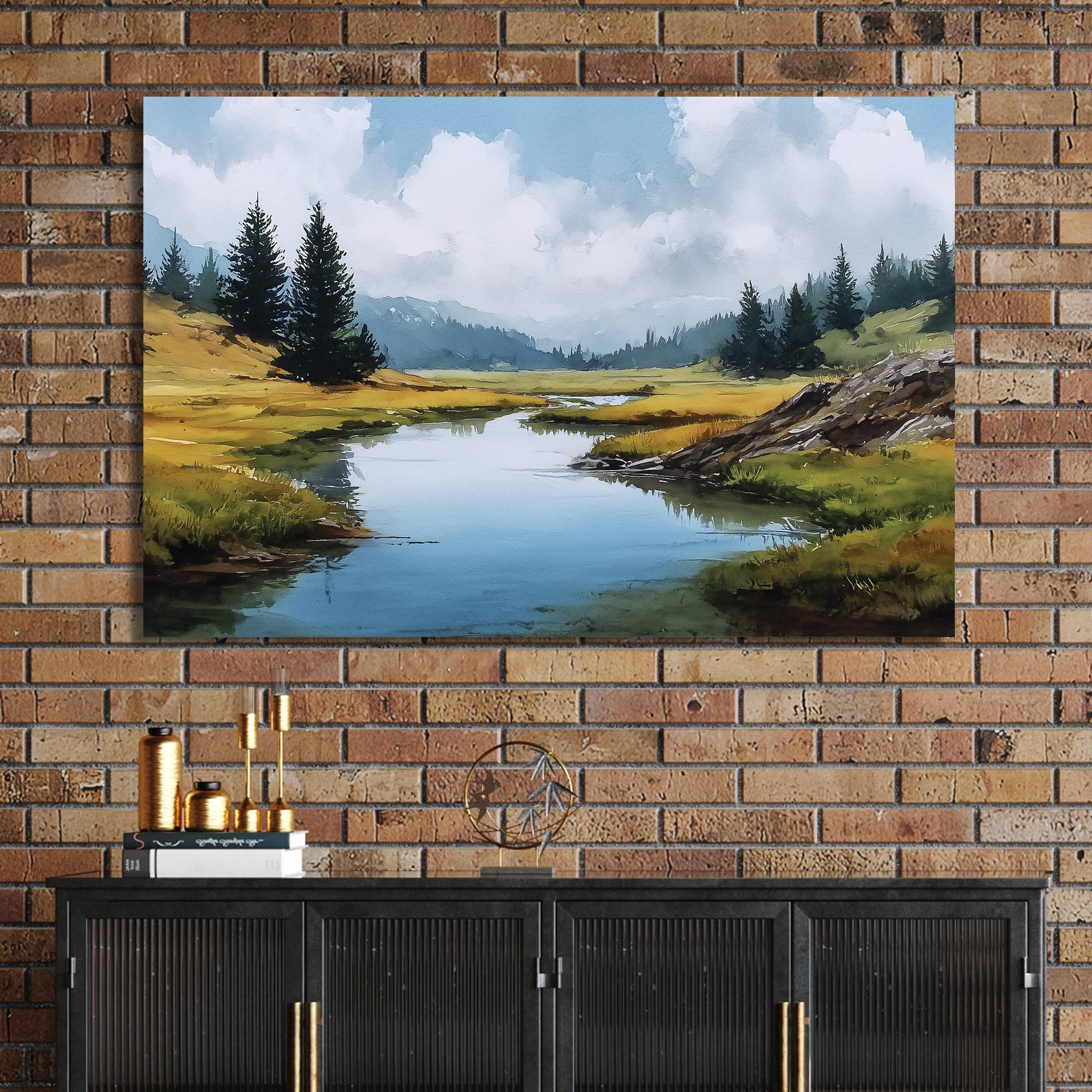 watercolour mountain landscape with river and pine trees