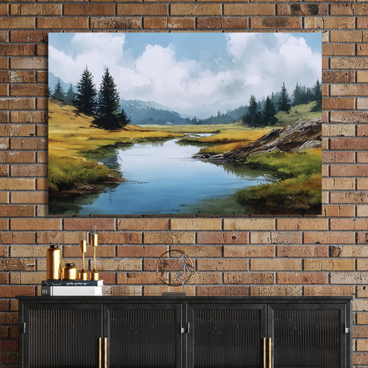 watercolour mountain landscape with river and pine trees