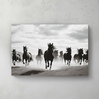 black and white wall art of wild horses running in mist