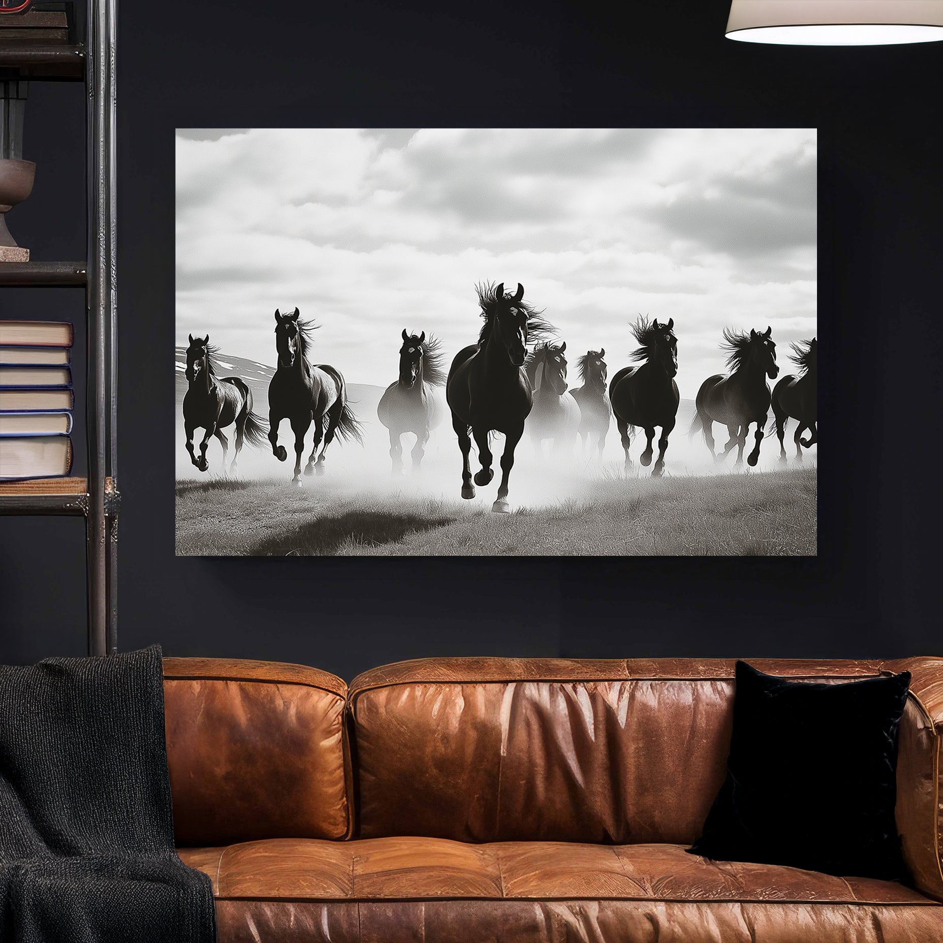 black and white wall art of wild horses running in mist