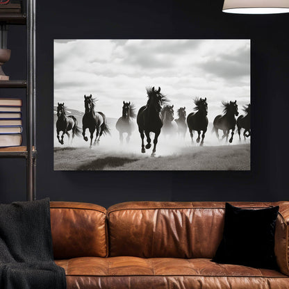 black and white wall art of wild horses running in mist