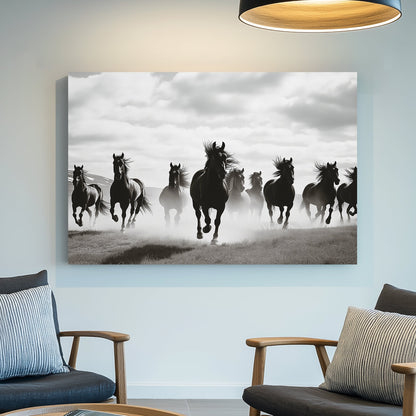 black and white wall art of wild horses running in mist