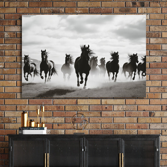 black and white wall art of wild horses running in mist