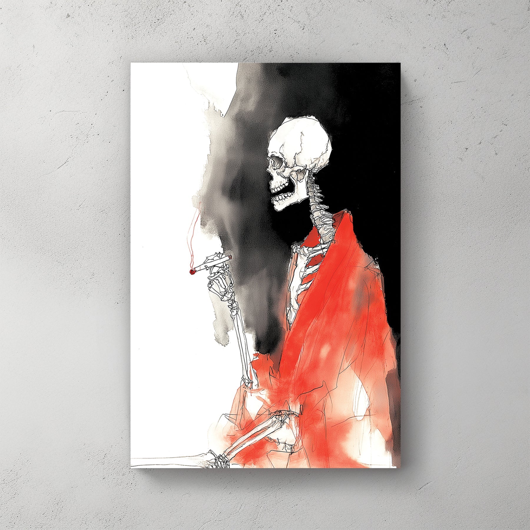 sketch art of skeleton smoking in red robe