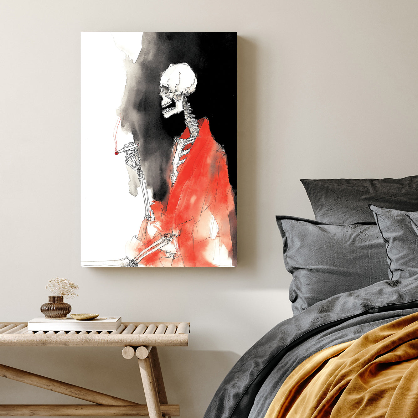 sketch art of skeleton smoking in red robe