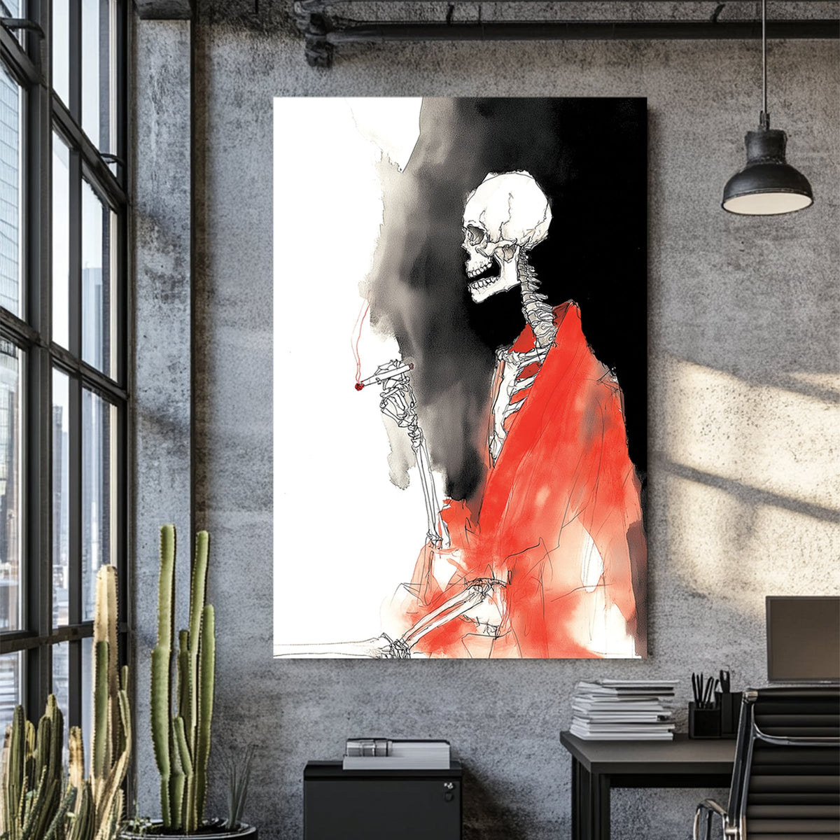 sketch art of skeleton smoking in red robe