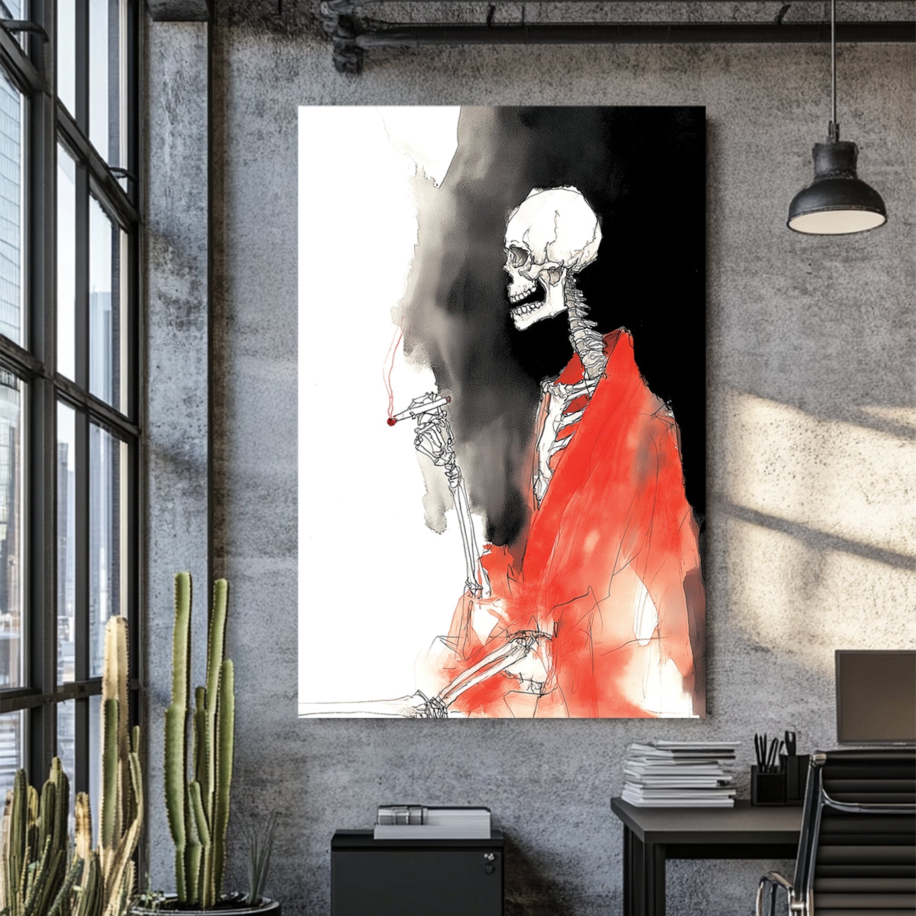 sketch art of skeleton smoking in red robe