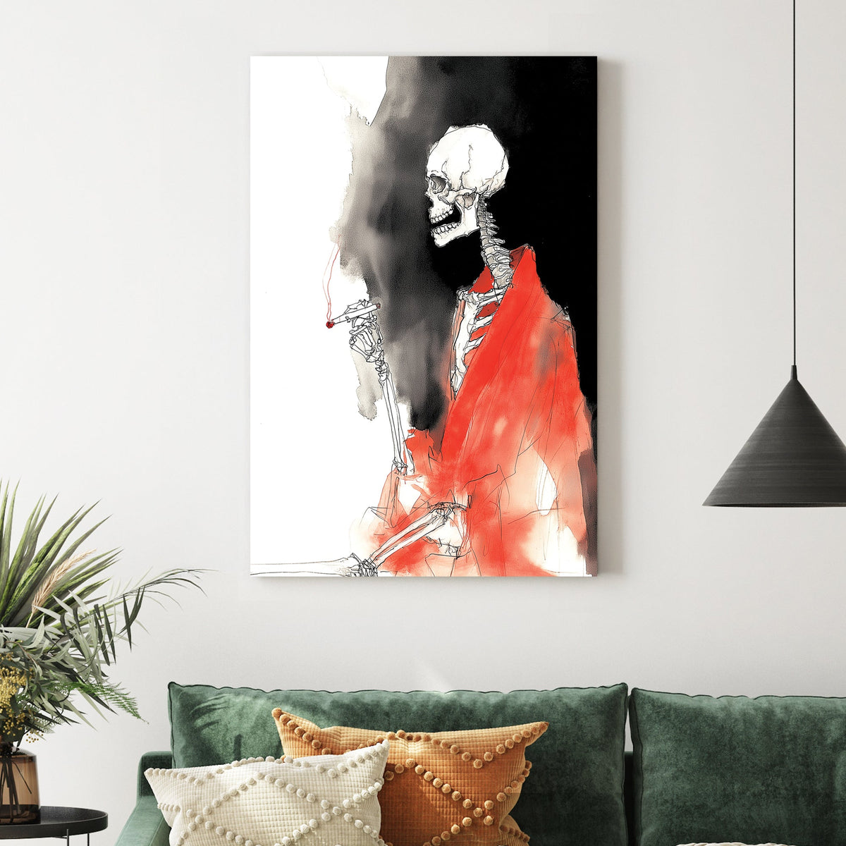sketch art of skeleton smoking in red robe