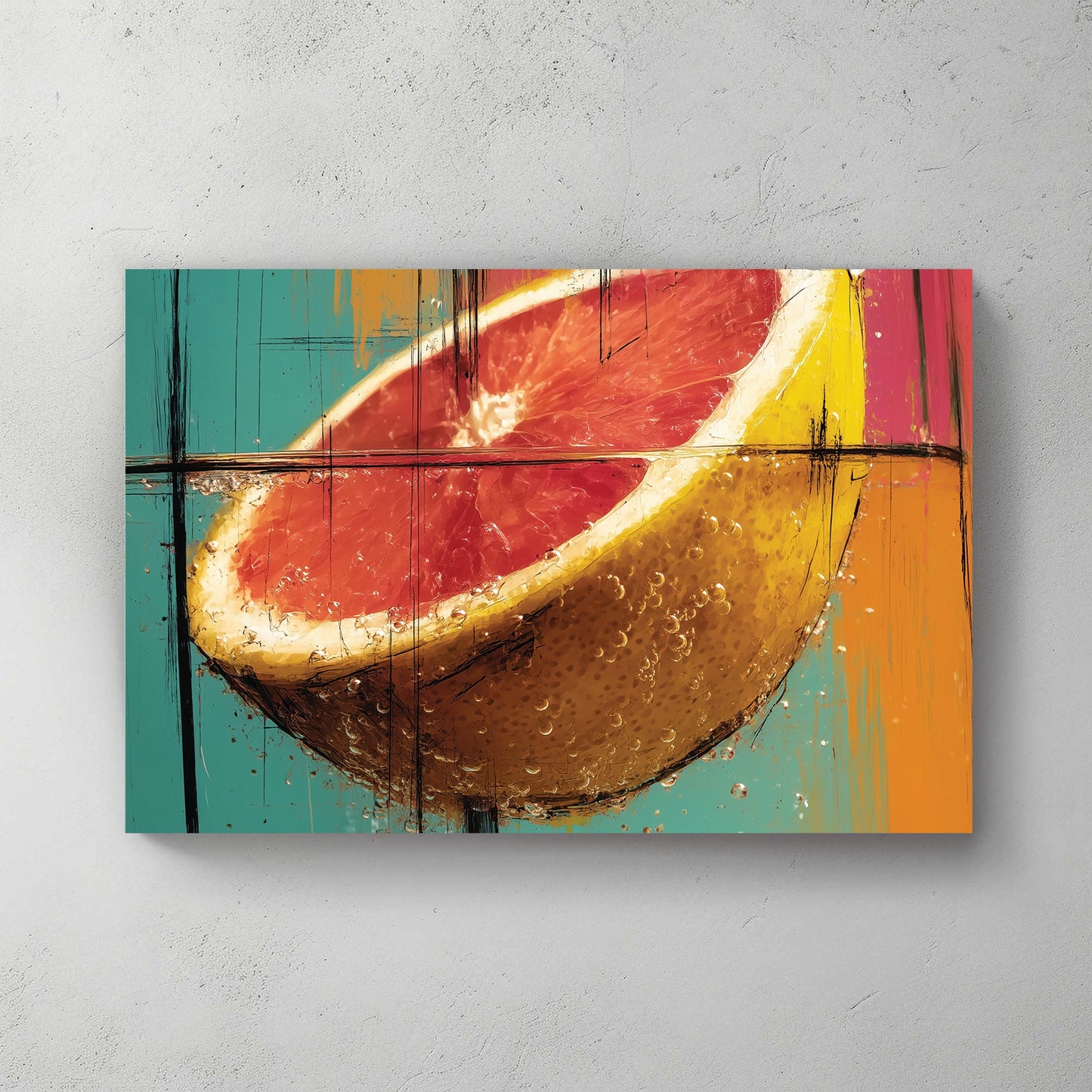 photorealistic grapefruit splash wall art in bold colours