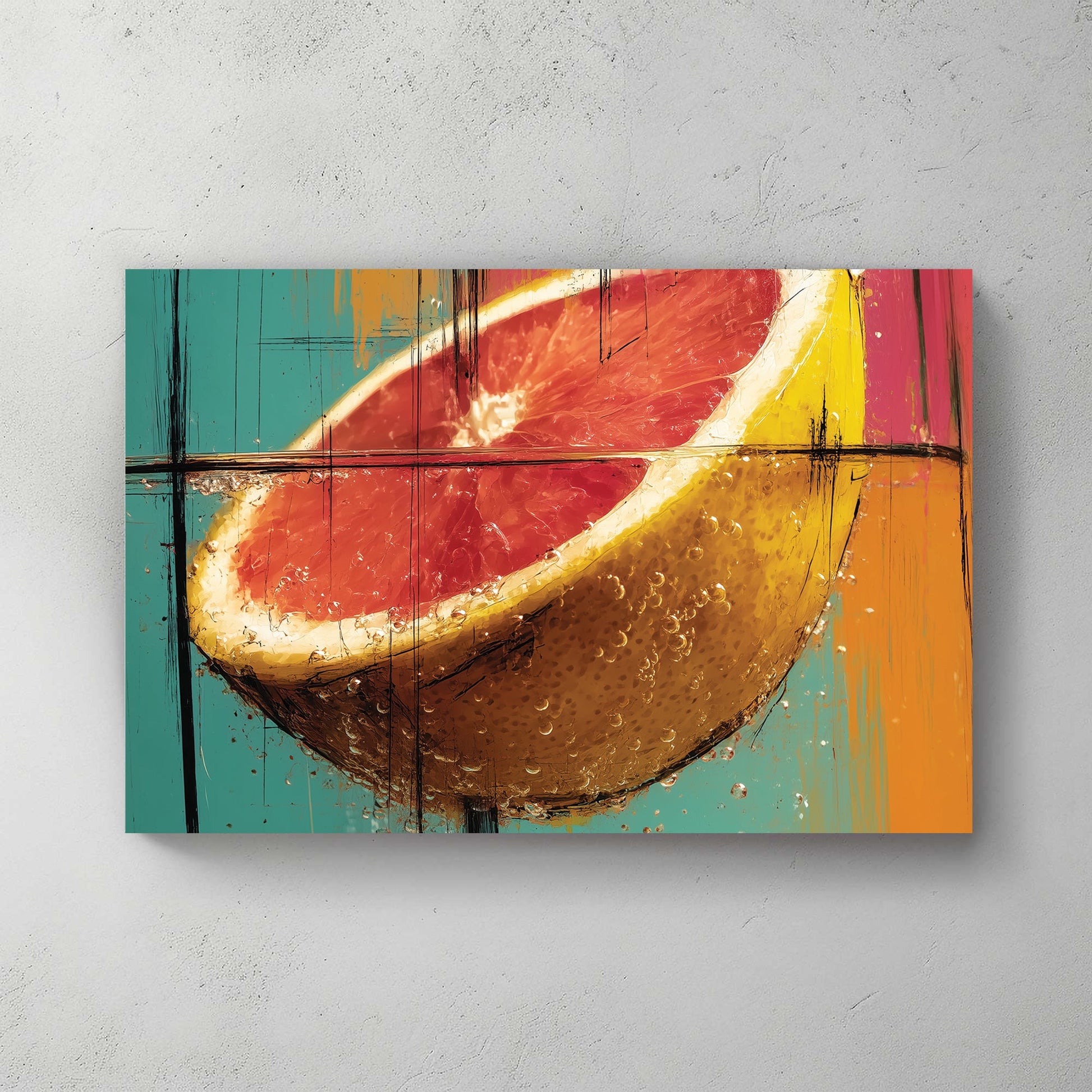 photorealistic grapefruit splash wall art in bold colours