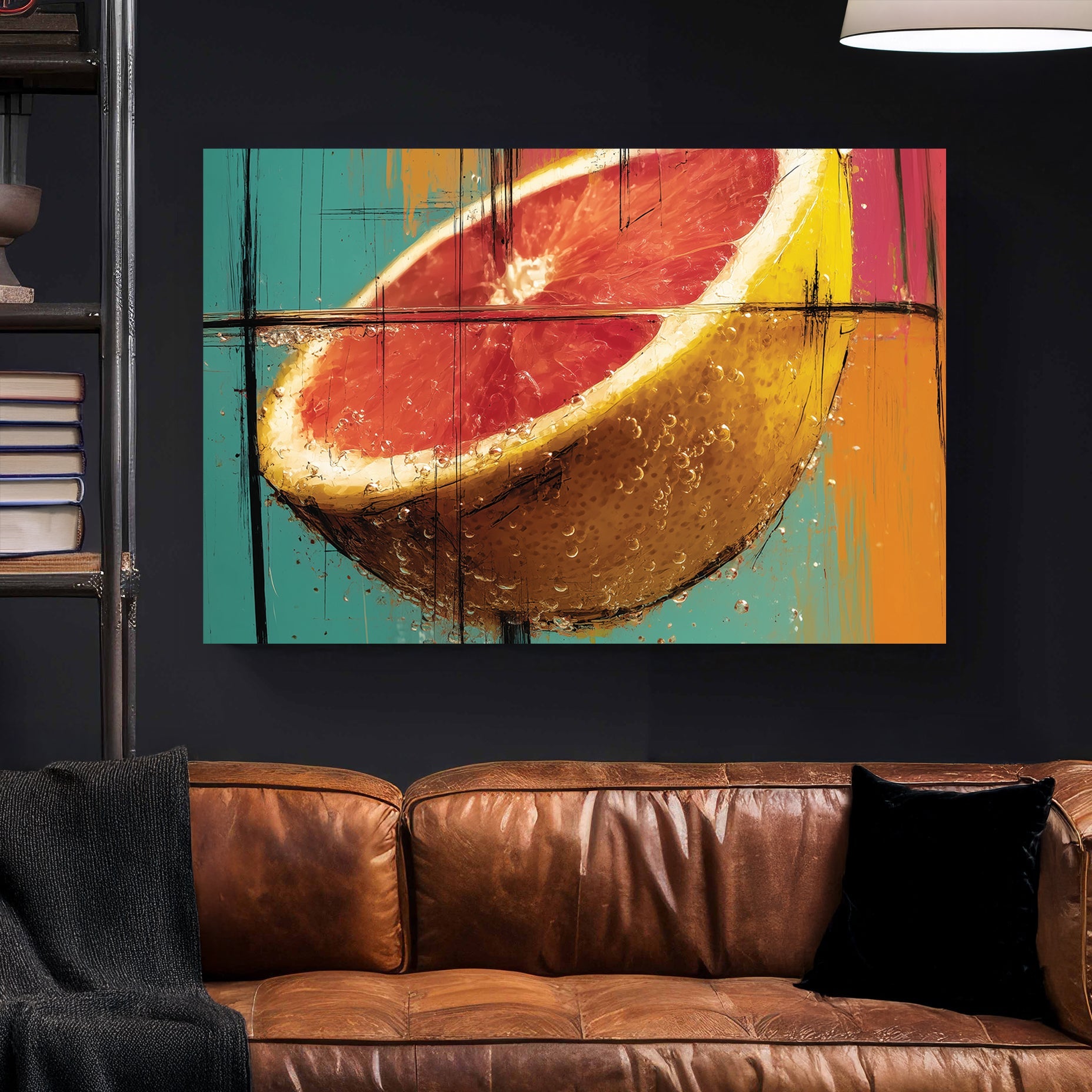 photorealistic grapefruit splash wall art in bold colours