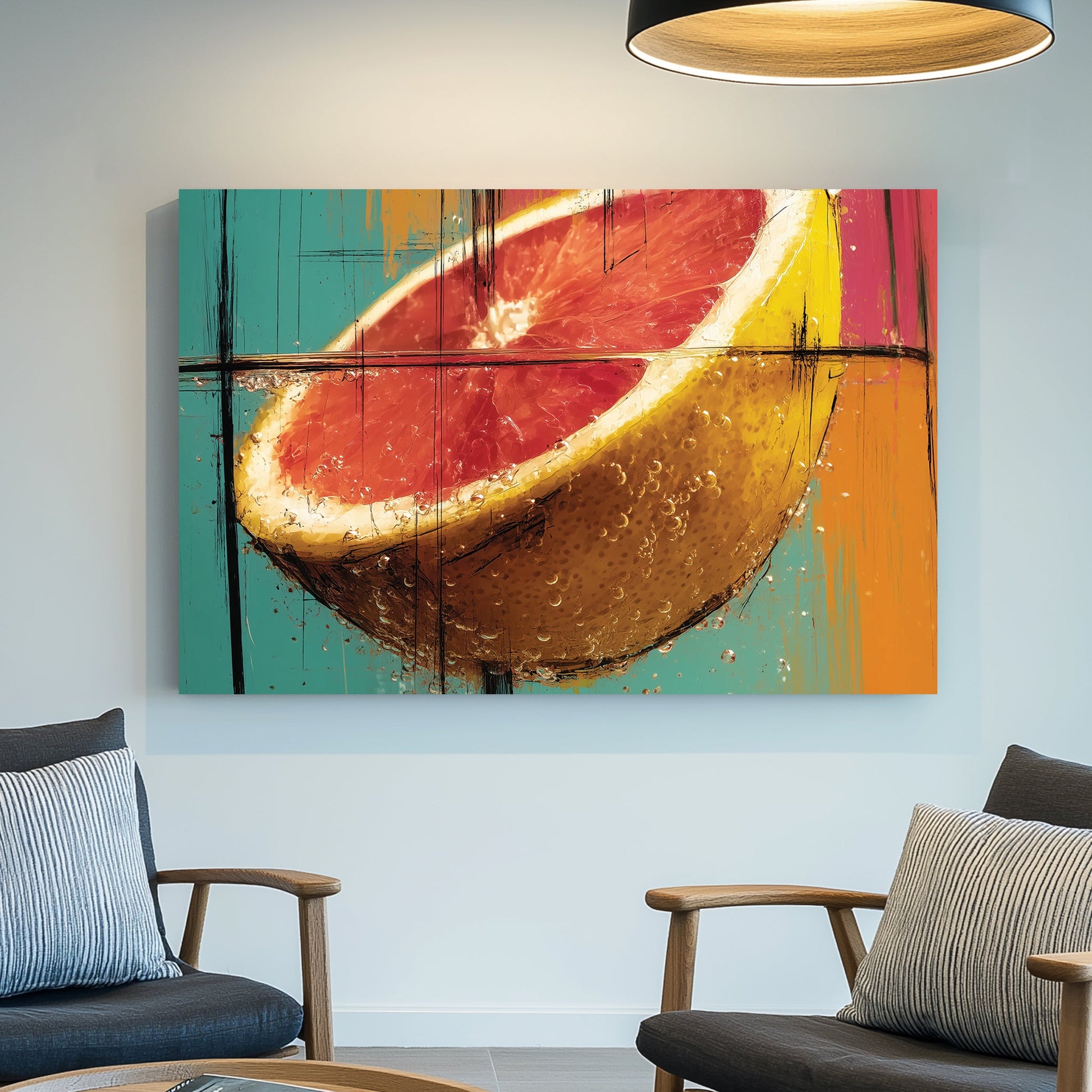 photorealistic grapefruit splash wall art in bold colours
