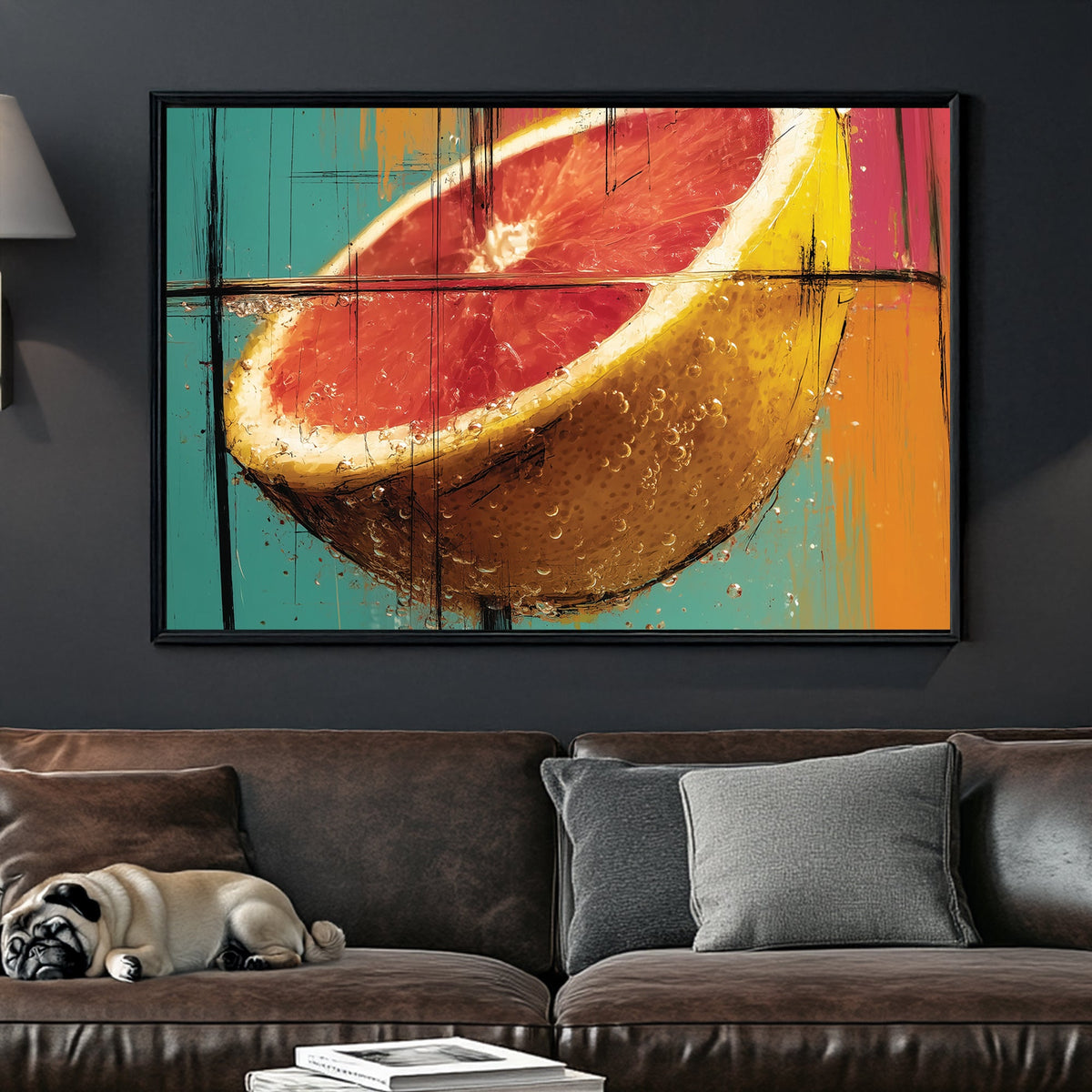 photorealistic grapefruit splash wall art in bold colours