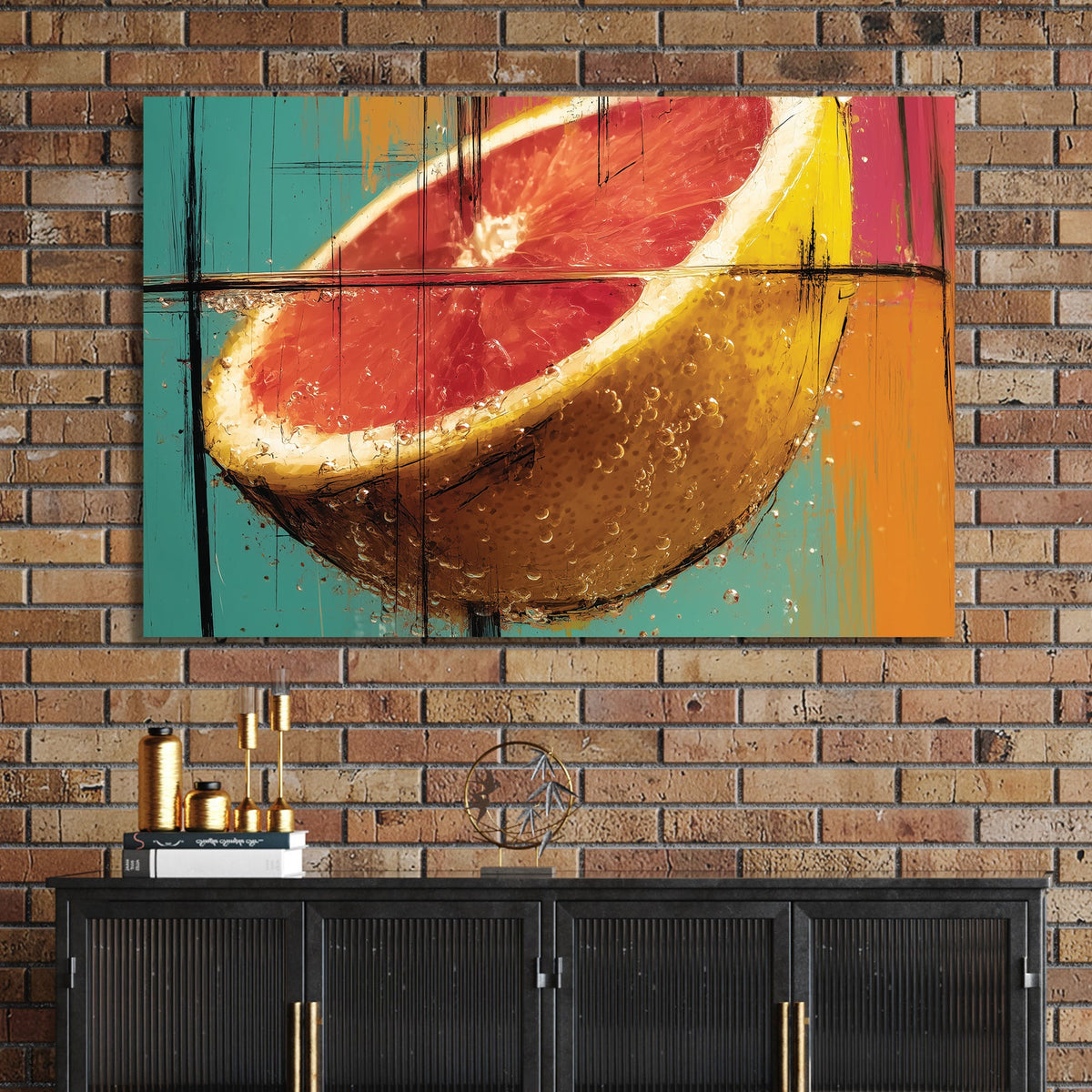 photorealistic grapefruit splash wall art in bold colours