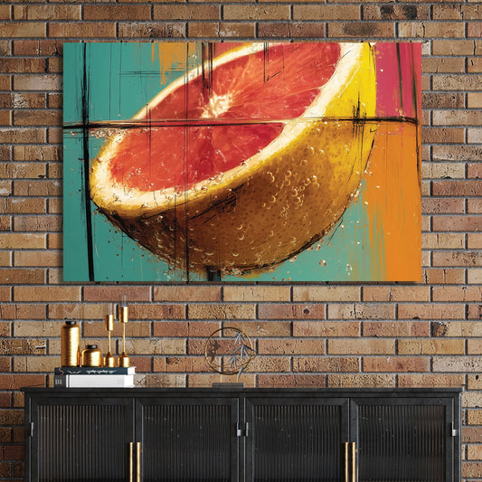 photorealistic grapefruit splash wall art in bold colours