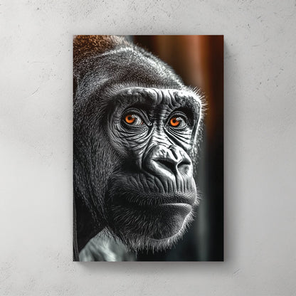 black and white gorilla wall art with orange eyes close-up