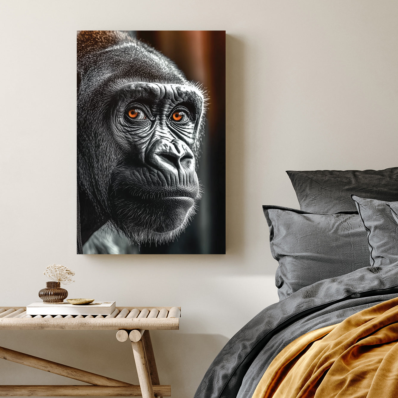 black and white gorilla wall art with orange eyes close-up