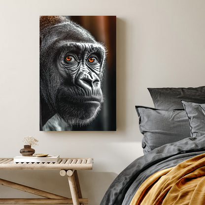 black and white gorilla wall art with orange eyes close-up
