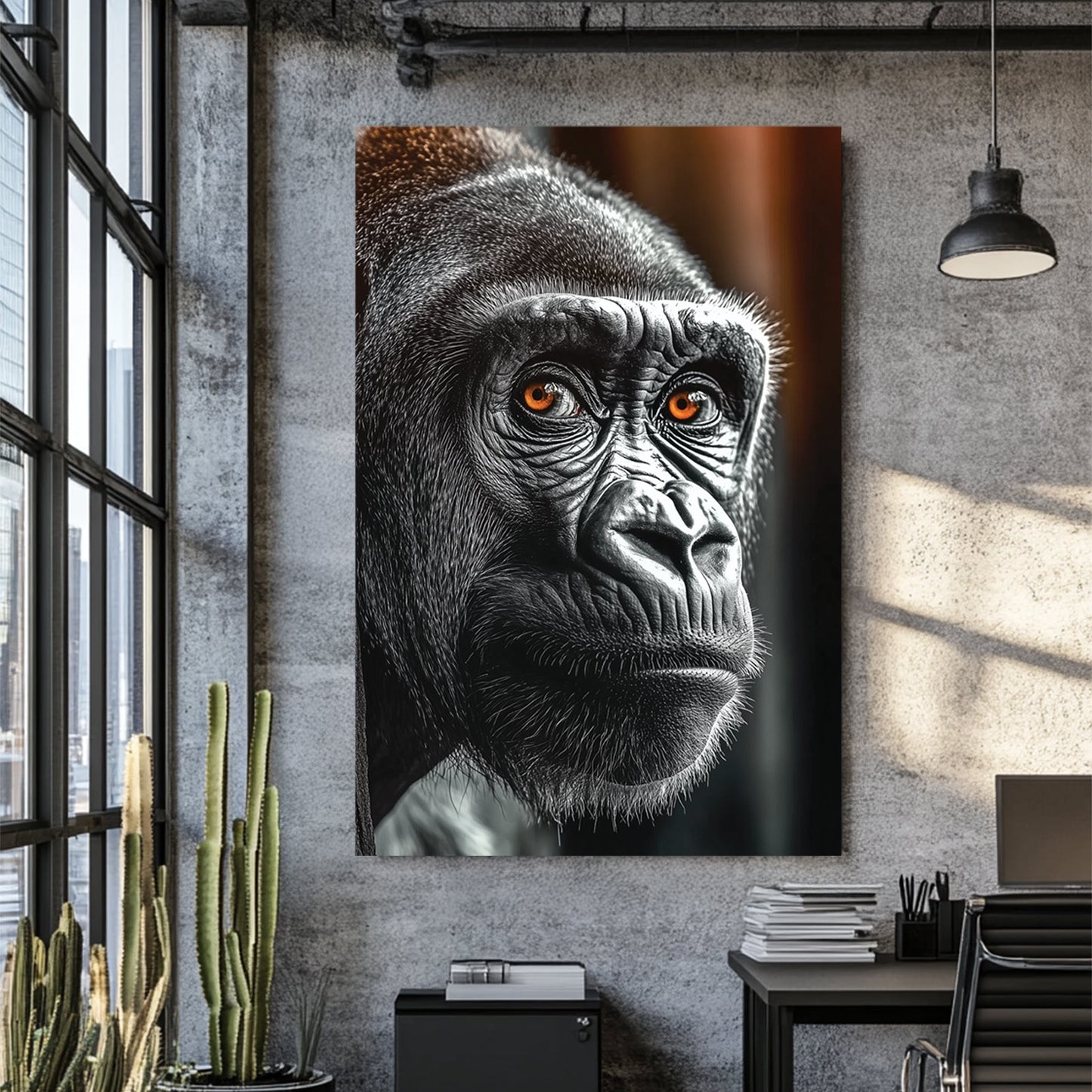 black and white gorilla wall art with orange eyes close-up