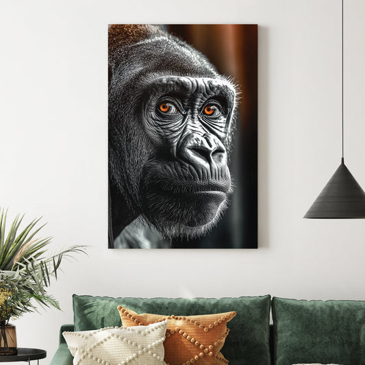 black and white gorilla wall art with orange eyes close-up