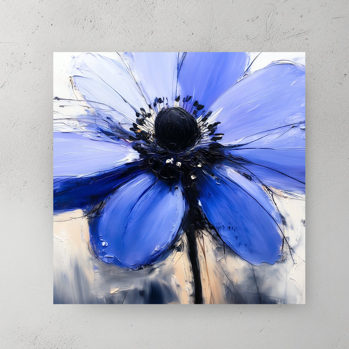 textured blue flower wall art with palette knife effect