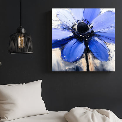 textured blue flower wall art with palette knife effect