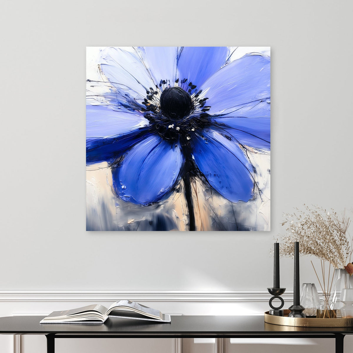 textured blue flower wall art with palette knife effect
