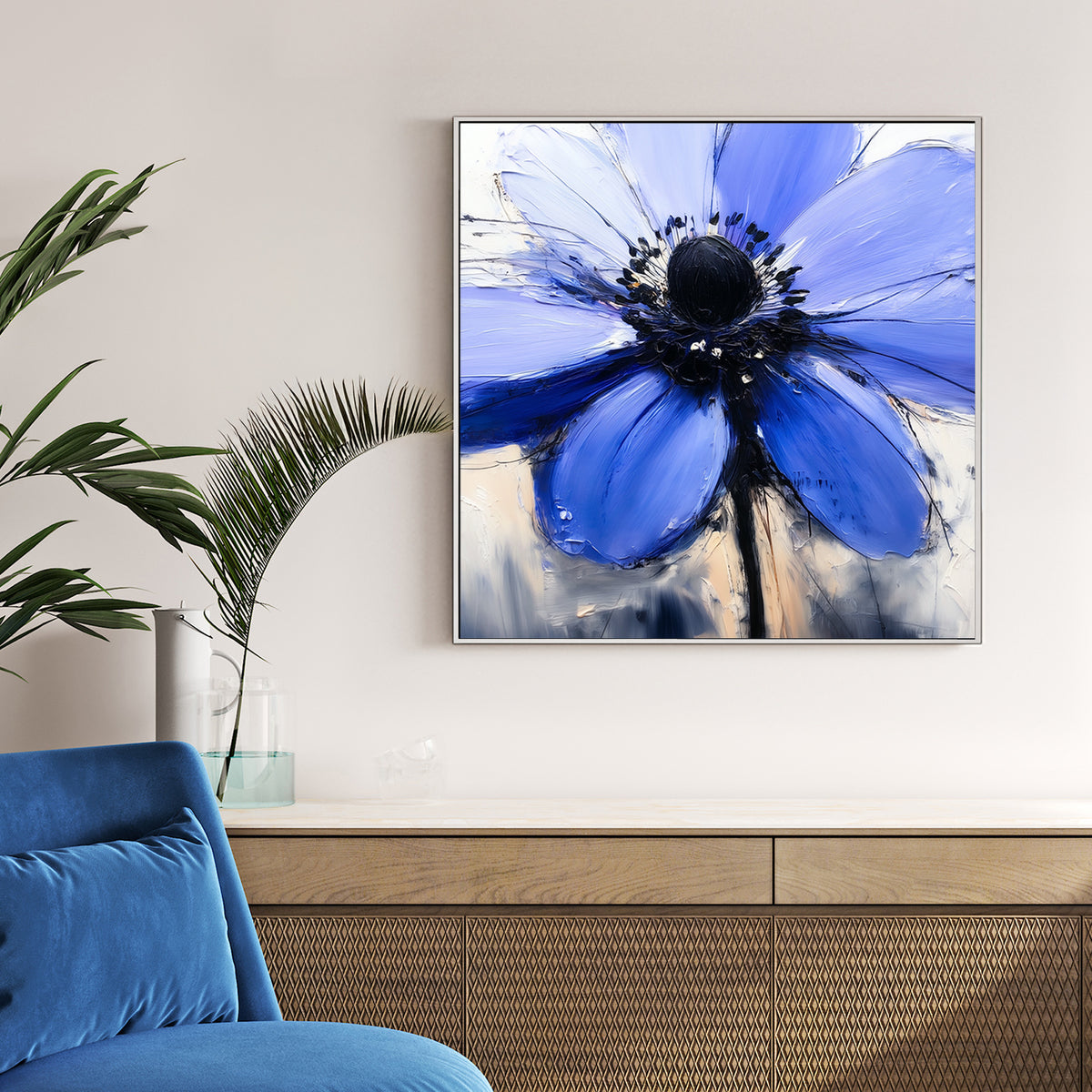 textured blue flower wall art with palette knife effect