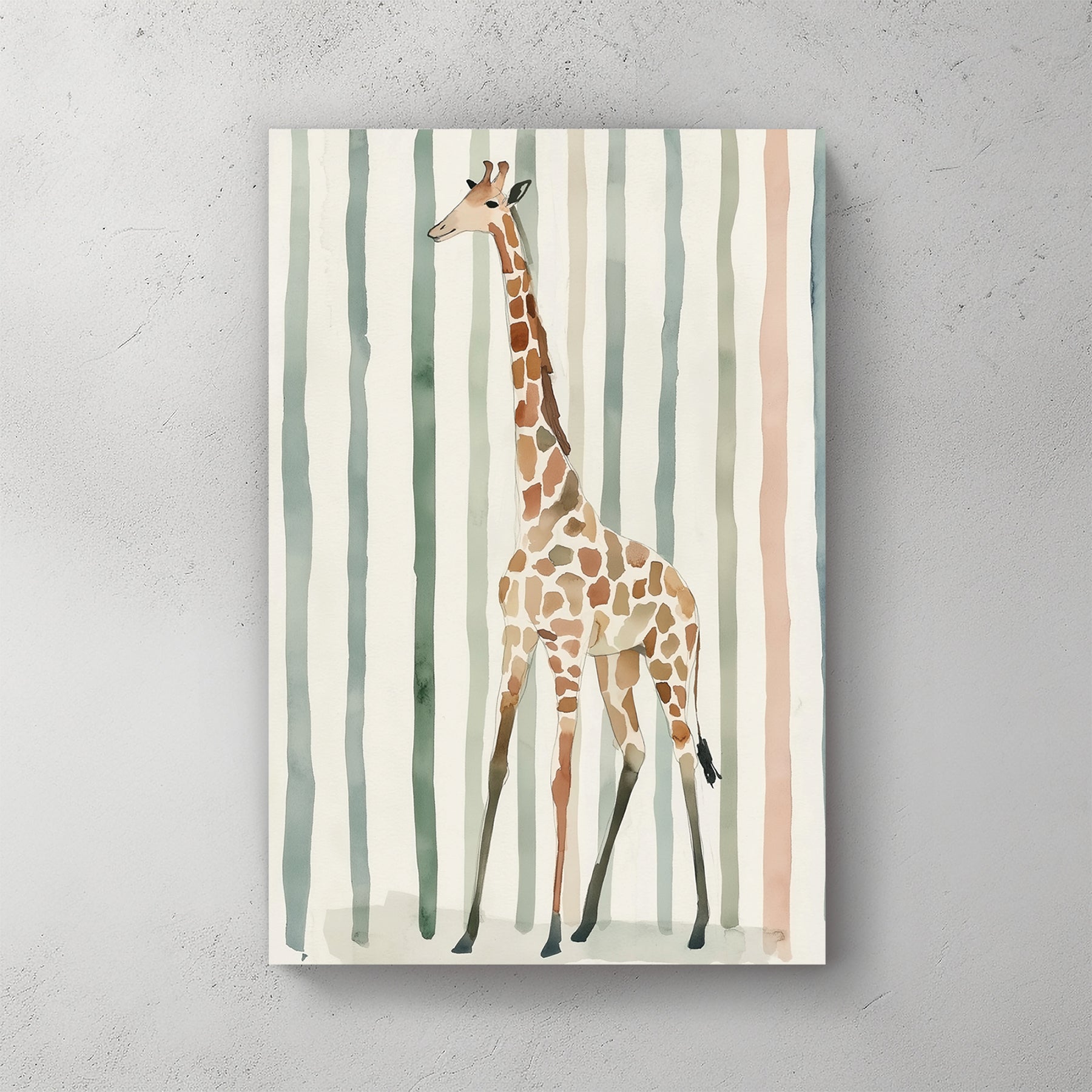 giraffe nursery wall art with watercolour stripes