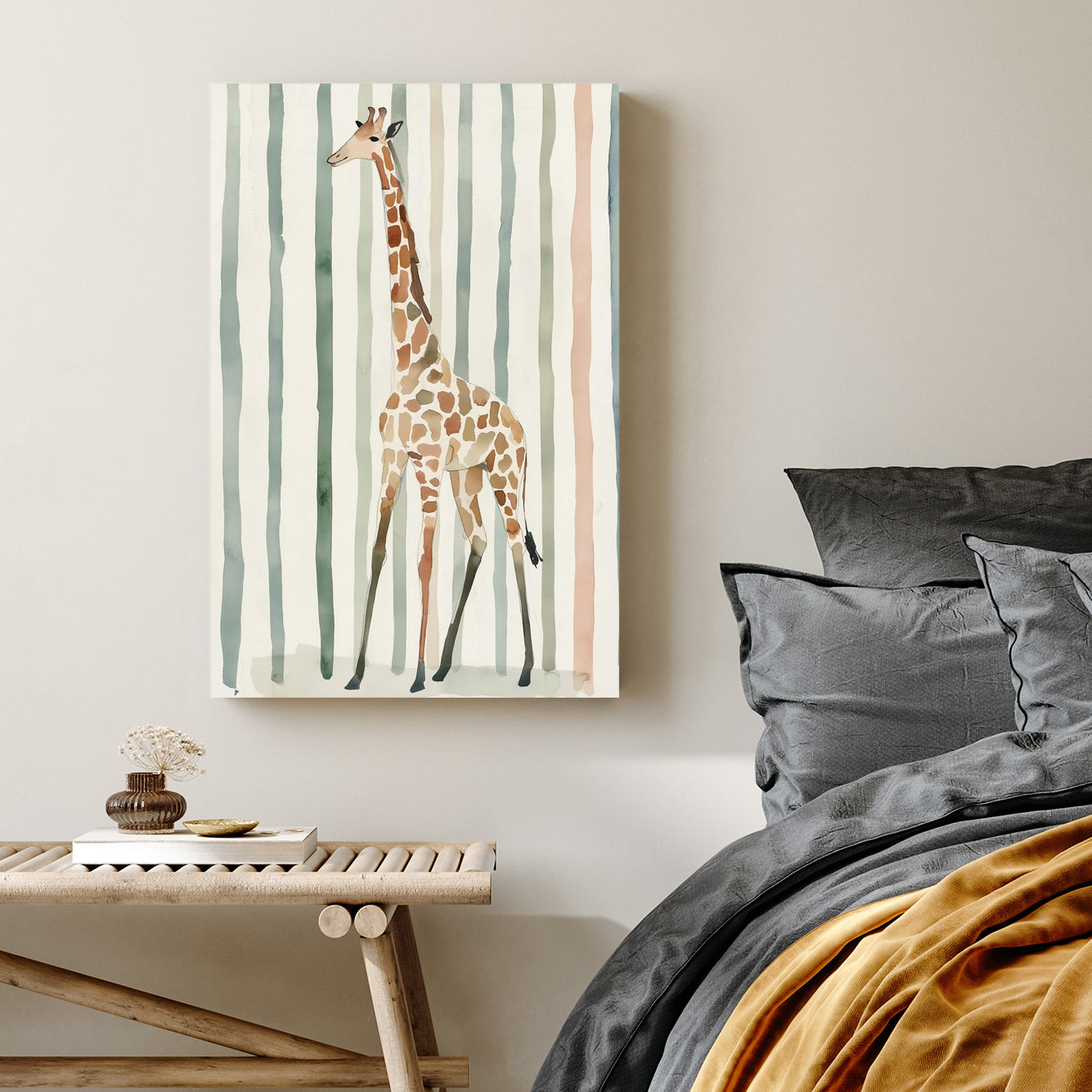 giraffe nursery wall art with watercolour stripes