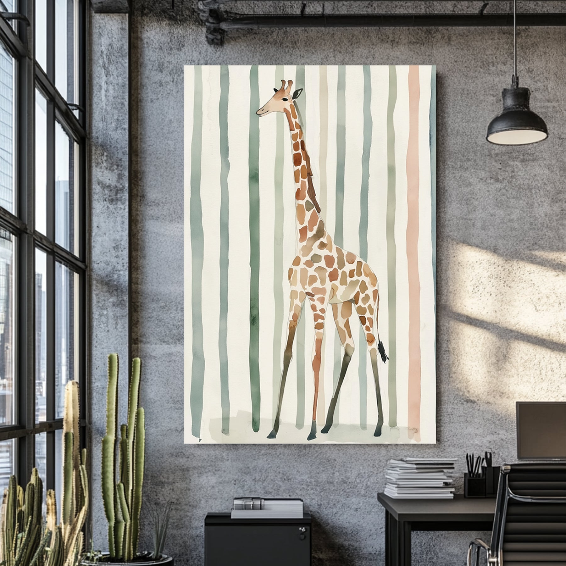 giraffe nursery wall art with watercolour stripes